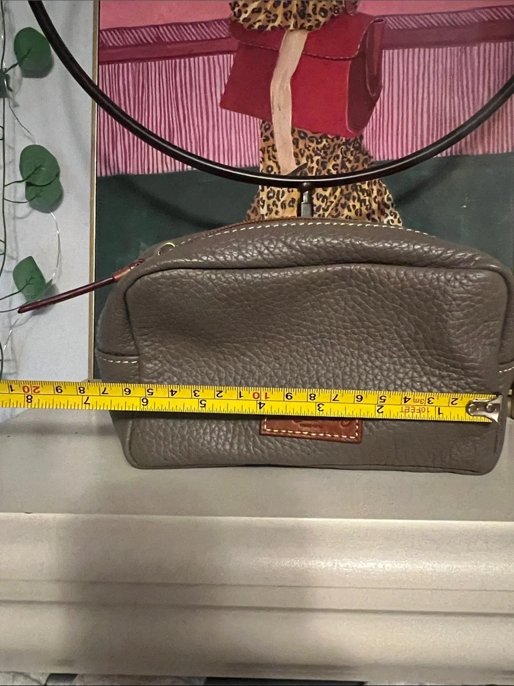 Dooney & Bourke Gray Pebbled Leather Cosmetic Pouch with Brown Logo Patch